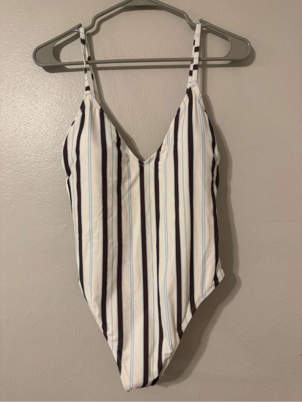 Striped V-Neck One Piece Swimsuit - White & Black